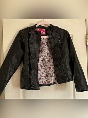 Dollhouse Black Faux Leather Ruffle-Trim Jacket